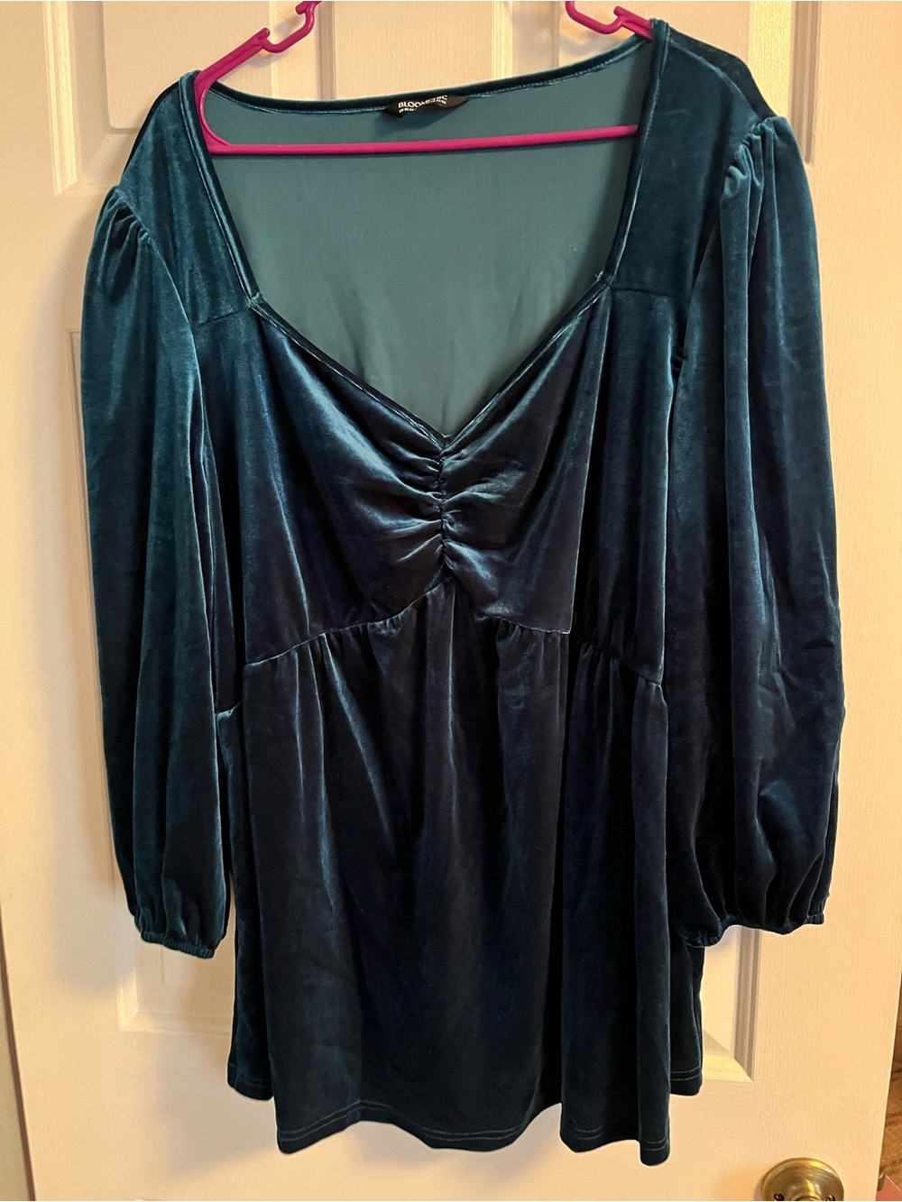 BloomChic Deep Teal Velvet V-Neck Babydoll Long Sleeve Top